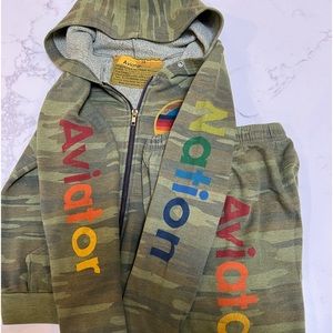 Aviator Nation camo print zip up hoodie and sweatpant set in kid’s size 14